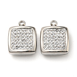 304 Stainless Steel Pendants, with Crystal Rhinestone, Square Charm, Stainless Steel Color, 12x9.5x4.5mm, Hole: 1.4mm(STAS-L022-153P)