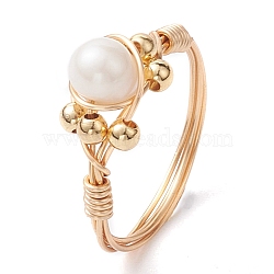 Round Natural Cultured Freshwater Pearl Ring, Copper Wire Wrapped Ring for Women, Golden, Inner Diameter: 18~18.5mm(RJEW-JR00708-01)