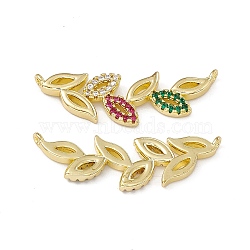 Rack Plating Brass Micro Pave Colorful Cubic Zirconia Connector Charms, Cadmium Free & Lead Free, Leaf Links, Real 18K Gold Plated, 11.5x35.5x2.5mm, Hole: 1.2mm(ZIRC-I061-01G)