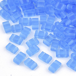 2-Hole Glass Seed Beads, Transparent Colours, Frosted, Rectangle, Cornflower Blue, 4.5~5.5x2x2~2.5mm, Hole: 0.5~0.8mm(SEED-T003-02B-03)