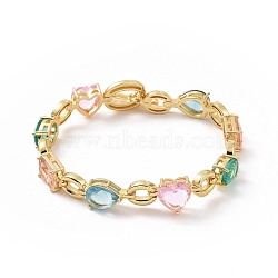 Colorful Cubic Zirconia Heart & Rectangle & Teardrop Link Chain Bracelet, Brass Jewelry for Women, Golden, 7-3/4 inch(19.8cm)(BJEW-B068-02)