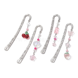 Tibetan Style Alloy Hook Bookmarks, Acrylic Pendant Bookmark, Cherry/Flower/Strawberry, Antique Silver, 124x20.5x3mm, 4pcs/set(AJEW-JK00223)