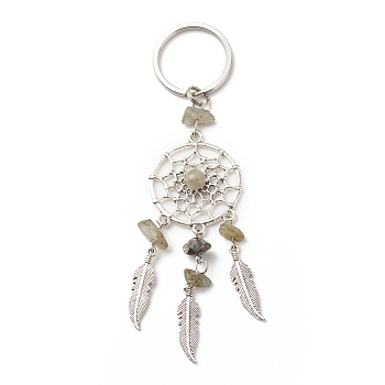Natural Labradorite Keychain, with Iron, 304 Stainless Steel & Alloy Findings, Woven Net/Web with Feather, 11.4~11.8cm