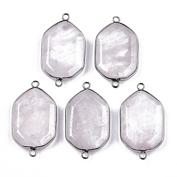 Natural Rose Quartz Links Connectors, with Platinum Tone Brass Findings, Faceted Polygon, 40.5x23x6mm, Hole: 2mm