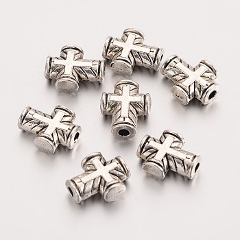 Tibetan Style Zinc Alloy Beads, Cross, Antique Silver, 10x8x3mm, Hole: 2mm