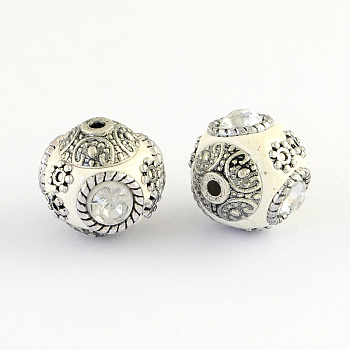 Handmade Indonesia Round Beads, with Glass Cabochons and Antique Silver Metal Color Double Alloy Cores, White, 14~15x15~16mm, Hole: 2mm