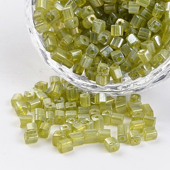 6/0 Cube Transparent Colours Pearl Luster Plated Round Hole Glass Seed Beads, Olive, 3.5~4x2.5~3mm, Hole: 0.5mm, about 5500pcs/450g