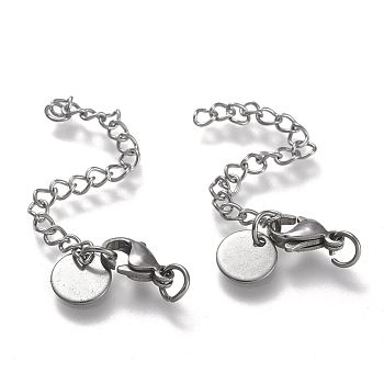 304 Stainless Steel Chain Extender, with Lobster Claw Clasps, Flat Round, Stainless Steel Color, 68mm long, Hole: 3.5mm