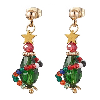 Brass with 304 Stainless Steel Earring, Christmas Glass Beads, Colorful, 32.5x11mm