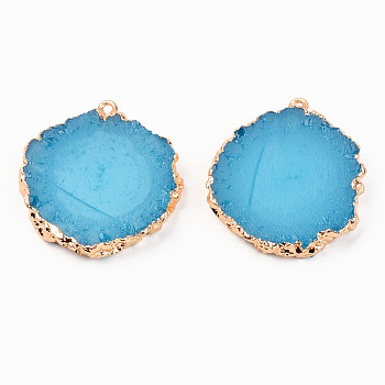 Resin Pendants, with Edge Light Gold Plated Iron Loops, Flat Round, Dodger Blue, 35x31~32x4.5mm, Hole: 1.6mm