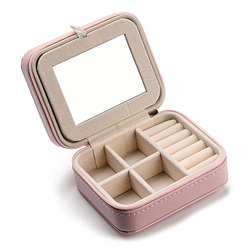 Rectangle PU Imitation Leather Jewelry Storage Zipper Boxes, Portable Travel Case with Mirror, for Ring Earring Holder, Gift for Women, Misty Rose, 9x11x5.5cm