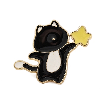 Animals Holding Star Enamel Pins, Zinc Alloy Cute Kitten Brooches for Backpack Clothes, Black, Cat Shape, 28x34mm