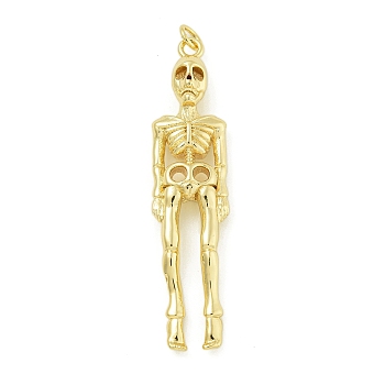 Halloween Theme Rack Plating Brass Pendants, Long-Lasting Plated, Lead Free & Cadmium Free, Skull Charm, Real 18K Gold Plated, 50.5x12x7mm, Hole: 3.5mm