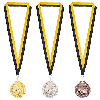 3Pcs 3 Colors Alloy Award Swimming Medal, with Stripe Pattern Lanyard, Flat Round, Mixed Color, 500mm, 1pc/color