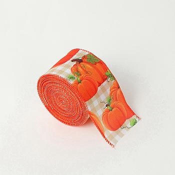 10M Thanksgiving Day Theme Wired Linen Ribbon, Pumpkin Pattern, Dark Orange, 2-1/2 inch(63mm), about 10.94 Yards(10m)/Roll