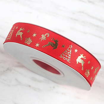 25 Yards Flat Christmas Reindeer Printed Polyester Grosgrain Ribbons, Hot Stamping Ribbons, Red, 1 inch(25mm), about 25.00 Yards(22.86m)/Roll