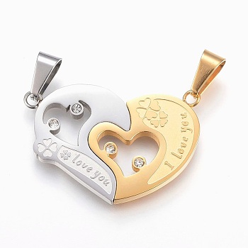 304 Stainless Steel Rhinestone Split Pendants, Heart with Clover, For Valentine's Day, Golden & Stainless Steel Color, 25x37x2.5mm, Hole: 5x10mm