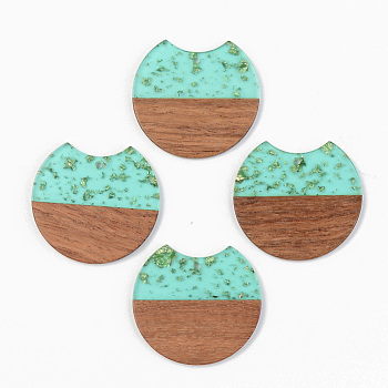 Transparent Resin & Walnut Wood Pendants, with Gold Foil, Gap Flat Round, Pale Turquoise, 34x36.5x3mm, Hole: 2mm