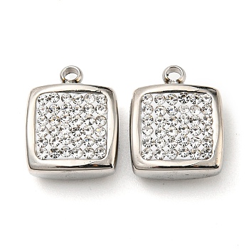 304 Stainless Steel Pendants, with Crystal Rhinestone, Square Charm, Stainless Steel Color, 12x9.5x4.5mm, Hole: 1.4mm