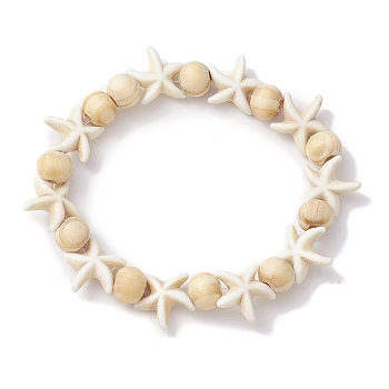 Beach Starfish Dye Synthetic Turquoise Beaded Stretch Barcelets, Summer Wood Beaded Stretch Bracelets for Women, Floral White, Inner Diameter: 1-7/8~2 inch(4.7~5.1cm), Bead: 7x8~8.5mm, Starfish: 14x14mm