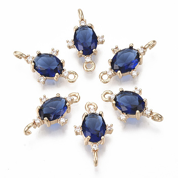Glass Links connectors, with Brass Micro Pave Cubic Zirconia, Faceted, Oval, Light Gold, Dark Blue, 17.5x10x5mm, Hole: 1.2mm