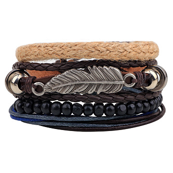 Multi-strand Bracelets, Stackable Bracelets, with Imitation Leather, Waxed Cotton Cord, Wooden Bead and Hemp Rope, Leaf, Antique Silver, Coconut Brown, 60mm(2-3/8 inch), 4strands/set