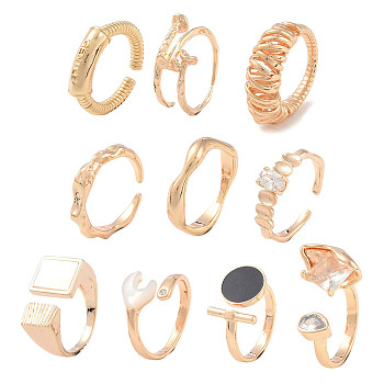 20Pcs 10 Styles Brass Adjustable Open Cuff Rings Set, with Glass and Enamel for Women, Long-Lasting Plated, Real 18K Gold Plated, Inner Diameter: 16~17.5mm, 2pcs/style