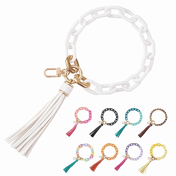 Chain Link Wristlet Keychain, Acrylic Bracelet Tassel Keychain, with Alloy Findings, White, 29cm