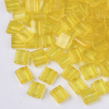 2-Hole Baking Painted Transparent Glass Seed Beads, Rectangle, Gold, 5x4.5~5.5x2~2.5mm, Hole: 0.5~0.8mm