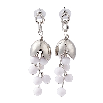 Plastic Beaded Flower Dangle Stud Earrings, Alloy Cluster Long Drop Earrings for Women, Platinum, 72mm, Pin: 0.8mm