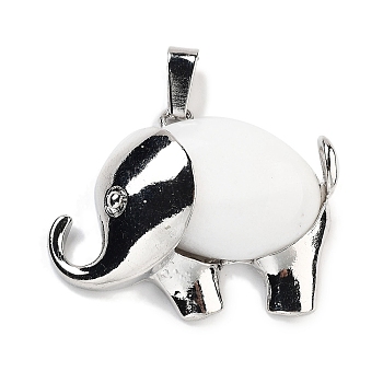 Natural White Jade Pendants, Elephant Charms with Alloy Findings, Platinum, 29x37~37.5x9.5~10mm, Hole: 3x9mm