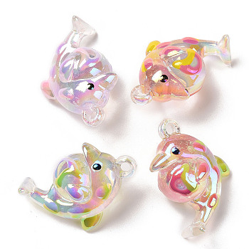 UV Plating Transparent Acrylic Pendants, Iridescent, Luminous style, with Enamel, Glow in Dark, Dolphin Charm, Mixed Color, 36x25~26x16~18mm, Hole: 2.5mm