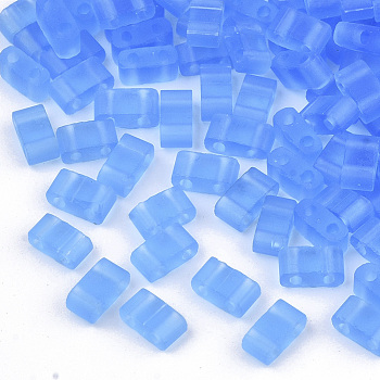 2-Hole Glass Seed Beads, Transparent Colours, Frosted, Rectangle, Cornflower Blue, 4.5~5.5x2x2~2.5mm, Hole: 0.5~0.8mm