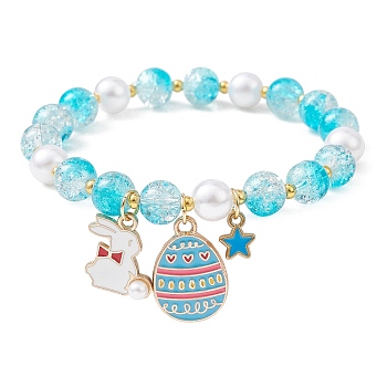 Glass Round Beaded Stretch Bracelet, Heart & Egg & Rabbit Alloy Enamel Charms Easter Theme Bracelet for Women, Deep Sky Blue, Inner Diameter: 2-3/8 inch(5.9cm)