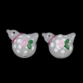 Handmade Lampwork Beads, Peace Dove with Flower, White, 19x25x11mm, Hole: 1.8mm