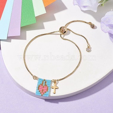 Glass Seed Heart & Brass Cross Charms Silder Bracelets(BJEW-MZ00056)-2