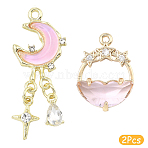 2Pcs 2 Styles Alloy Glass Pendants, Moon and Flat Round with Star, Pink, 21~35x14~15x4.5~5mm, Hole: 1.4~1.8mm, 1pc/style (FIND-YW0010-32A)
