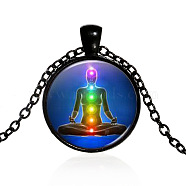 Chakra Theme Yoga Human Glass Pendant Necklace, Alloy Jewelry for Women, Electrophoresis Black, 15.75 inch~19.69 inch(40~50cm)(CHAK-PW0001-022D)