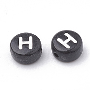 Opaque Acrylic Beads, Horizontal Hole, Alphabet Style, Flat Round, Letter.H, 7x4mm, Hole: 1.5mm, about 3700pcs/500g(SACR-N002-02H)