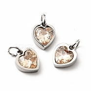 304 Stainless Steel Pendants, with Cubic Zirconia and Jump Rings, Single Stone Charms, Heart, Stainless Steel Color, PeachPuff, 9x8x3mm, Hole: 3.6mm(X-STAS-D189-06P-11)