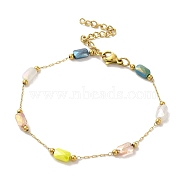 Colorful Rectangle Glass Link Chains 304 Stainless Steel Bracelets for Women, Golden, 7-1/4 inch(18.5cm)(BJEW-B079-04G)