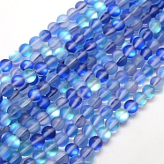 Synthetic Moonstone Beads Strands, Holographic Beads, Half AB Color Plated, Frosted, Round, Blue, 8mm, Hole: 1mm, about 46pcs/strand, 15 inch(X-G-F142-8mm-08)
