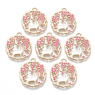Alloy Pendants, with Enamel, Plum Blossom Branch with Cat Shape, Golden, Hot Pink, 25.5x22x1.5mm, Hole: 2mm(X-ENAM-S120-006)