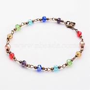 Glass Beads Anklets, Faceted, with Metal Findings, Antique Bronze, Colorful, 250mm(9-7/8 inch)(AJEW-AN00174)