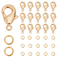 30Pcs Brass Lobster Claw Clasps with 30Pcs Open Jump Rings, Nickel Free, Real 18K Gold Plated, Clasps: 12x7x2.5mm, Hole: 1mm, Jump Rings: 21 Gauge, 5x0.7mm, Inner Diameter: 3.6mm(KK-GO0001-16)
