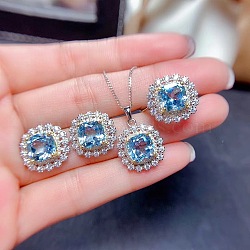 Square Alloy Rhinestone Pendant Necklace & Stud Earring & Finger Ring Sets, Indian Sapphire, 400mm(WG30FCB-01)