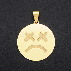 201 Stainless Steel Pendants, with Stainless Steel Snap On Bails, Flat Round with Sad Face, Golden, 33x30x1mm, Hole: 4x8.5mm(STAS-T056-DA030)