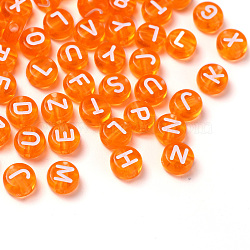 Transparent Dark Orange Acrylic Beads, Horizontal Hole, Mixed Letters, Flat Round with White Letter, 7x4mm, Hole: 1.5mm, 100pcs/Bag(TACR-YW0001-08E)