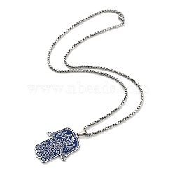 304 Stainless Steel Enamel Hamsa Hand Pendant Necklaces, Box Chains Necklaces for Women Men, Marine Blue, 19.49~19.88 inch(49.5~50.5cm)(NJEW-G115-07P-01)