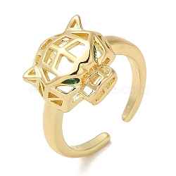 Brass Open Cuff Ring, with Cubic Zirconia, Origami Style Leopard Head Ring for Women, Real 18K Gold Plated, US Size 6 3/4(17.1mm), 2~13mm(RJEW-Q778-41G)